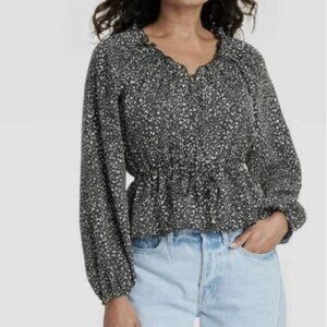 Universal Thread Blouse Shirt Womens XS Black White New Speckled Long Sleeve